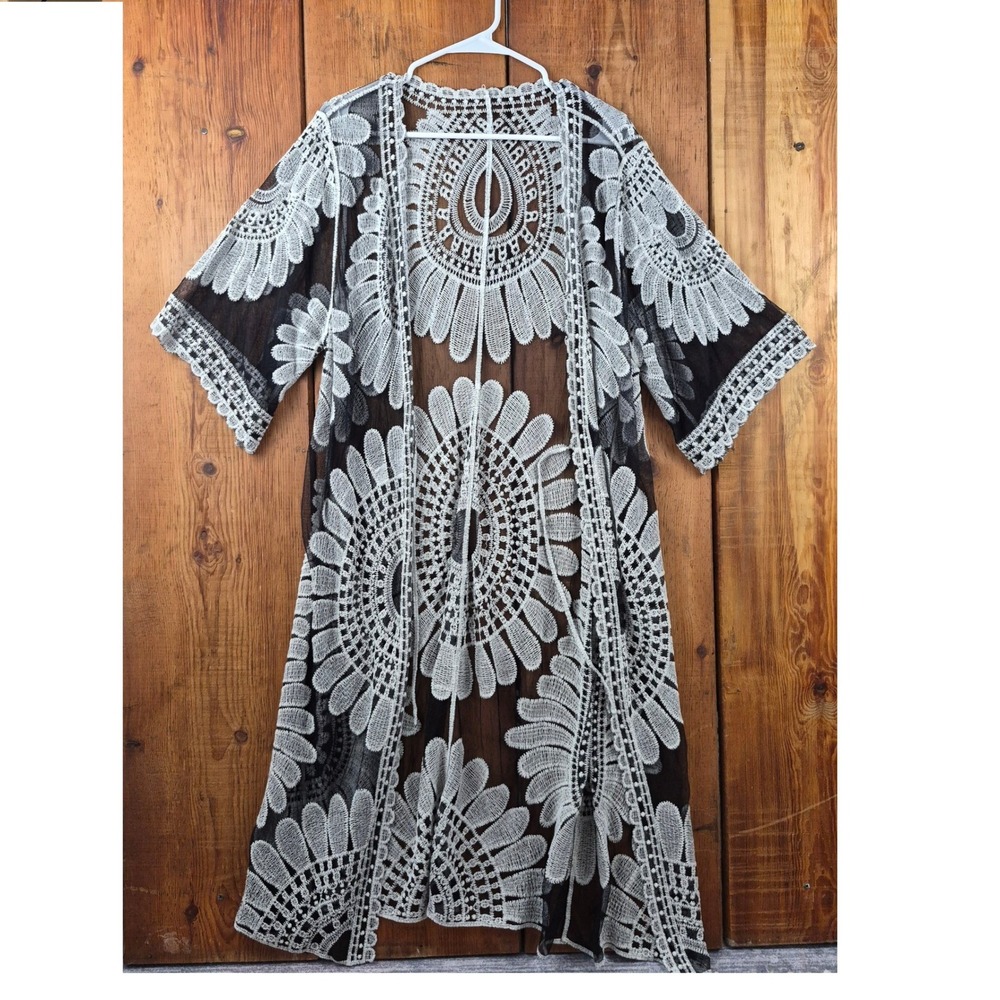 Black and White Floral Lace Mesh Open Front Longline Kimono Duster Cover Up